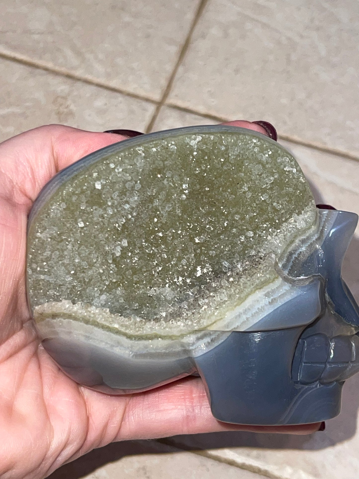 Druzy Agate Skull G with Green Amethyst